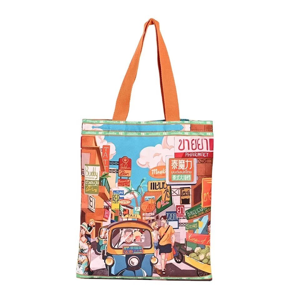 Custom Logo Women's Tote Canvas Bag with Dotted Pattern Long Handle Reusable Business Shopping Bag Business Printing