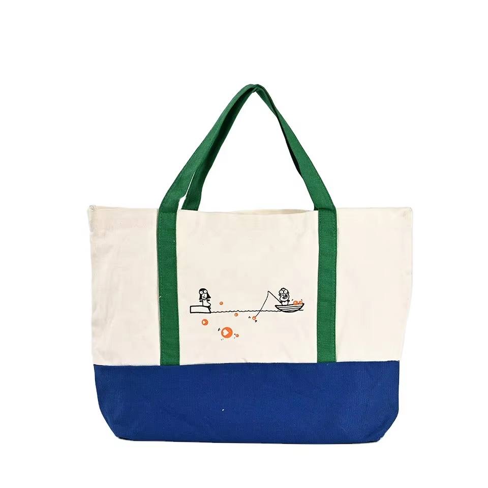 Large Organic Cotton Tote Canvas Bag for Daily Use Wholesale Reusable Zipper Shopping Bags with Customizable Logo Print