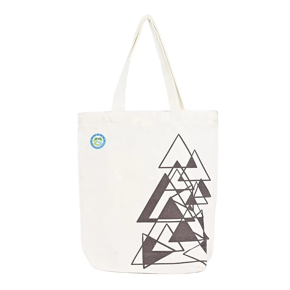 Women's Custom Printed Striped Cotton Canvas Tote Bag with Long Handle and Pocket Natural Color Shopping Tote Bag