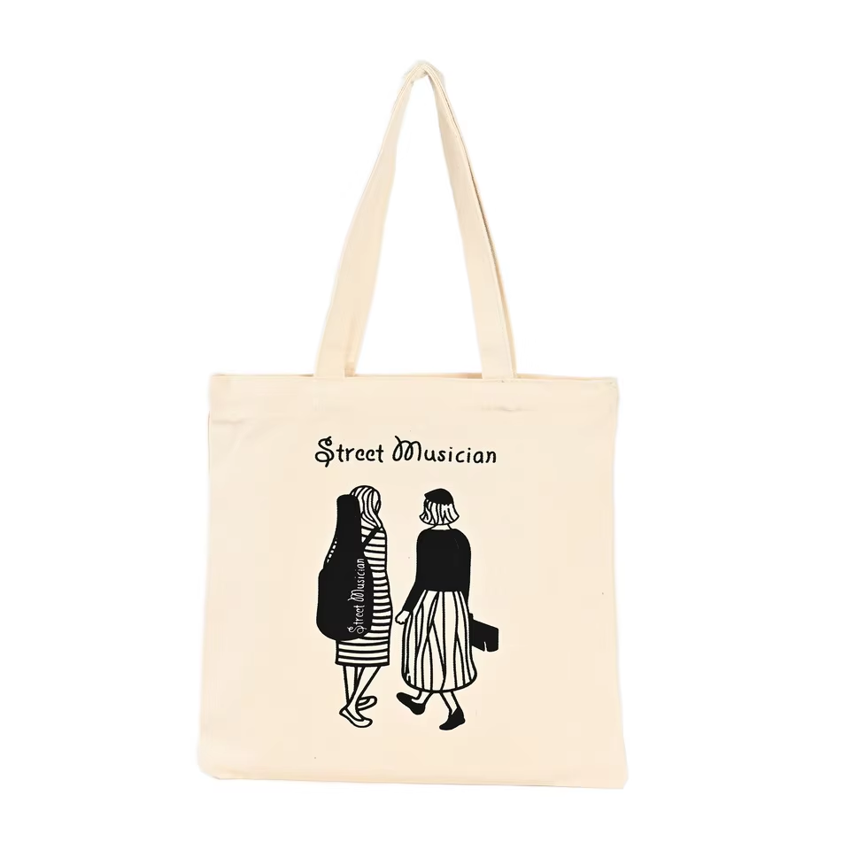 Custom Logo Printed Cotton Tote Canvas Bag with Long Handle Pattern Blank Shopper Bags
