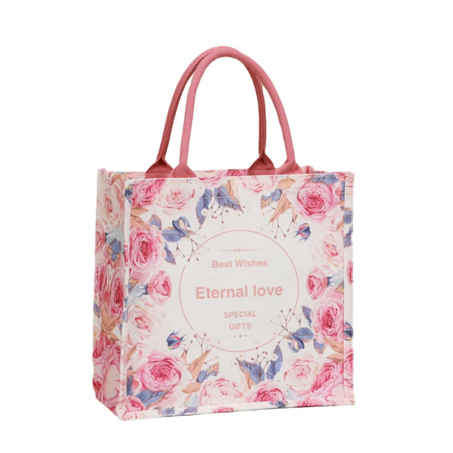 Wholesale Vintage Red Rose Wedding Favor Canvas Bag 3D Tote Long Cotton Handle Zipper Closure Creative Plain Handheld Bag