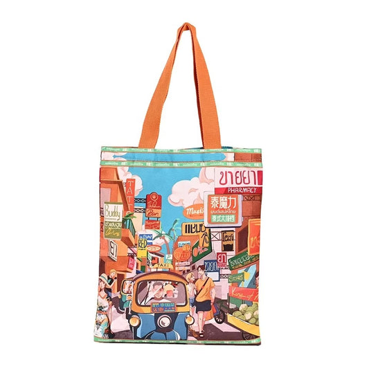 Custom Logo Women's Tote Canvas Bag with Dotted Pattern Long Handle Reusable Business Shopping Bag Business Printing