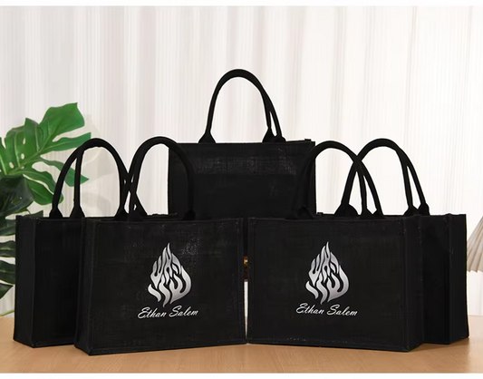 Custom Logo Cross-Border Black Linen Bag Modern Simple Jute Tote and Shopping Bag Made From Canvas