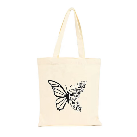 Large Butterfly Canvas Handbag with Custom Printed Logo for Wholesale Features of Long Handle