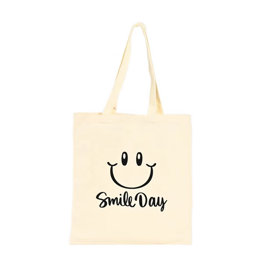 Custom Printed Cotton Canvas Tote Bag for Women Recycled Reusable with Smile Logo and Long Handle Low MOQ