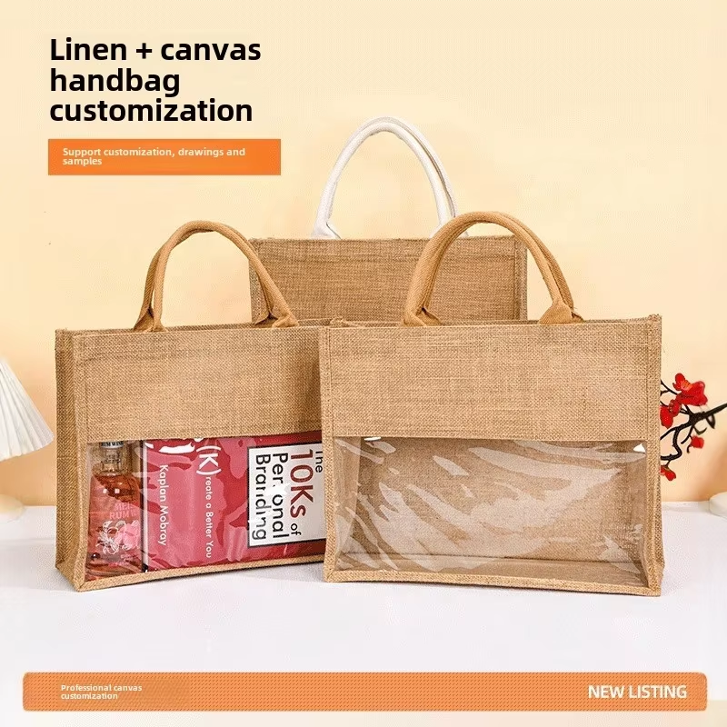Large Capacity Customized Windowed Jute Bag with Transparent Film Splicing and Rope Handle Fashion Ins Satchel Jute Bag Stock