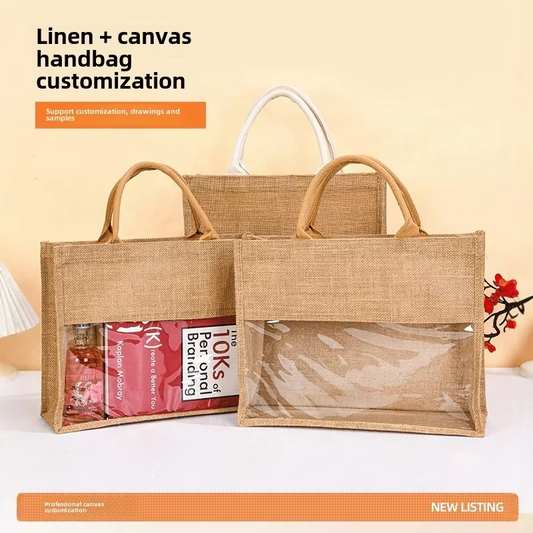 Large Capacity Customized Windowed Jute Bag with Transparent Film Splicing and Rope Handle Fashion Ins Satchel Jute Bag Stock