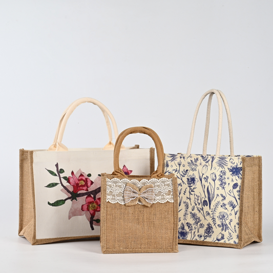 Custom Dot Flower Pattern Canvas Jute Burlap Tote Bag with Long Handle Wholesale Beach Shopping Bags